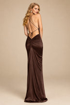 Rutipo Chocolate Sheath/Column Cowl Neck Sleeveless Silk Like Satin Prom Dresses With High Split