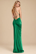 Rutipo Forest Green Sheath/Column Cowl Neck Sleeveless Silk Like Satin Prom Dresses With High Split