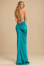 Rutipo Jade Sheath/Column Cowl Neck Sleeveless Silk Like Satin Prom Dresses With High Split