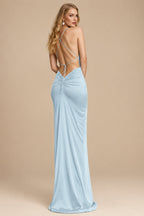 Rutipo Mist Sheath/Column Cowl Neck Sleeveless Silk Like Satin Prom Dresses With High Split