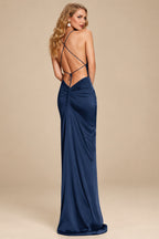 Rutipo Navy Blue Sheath/Column Cowl Neck Sleeveless Silk Like Satin Prom Dresses With High Split