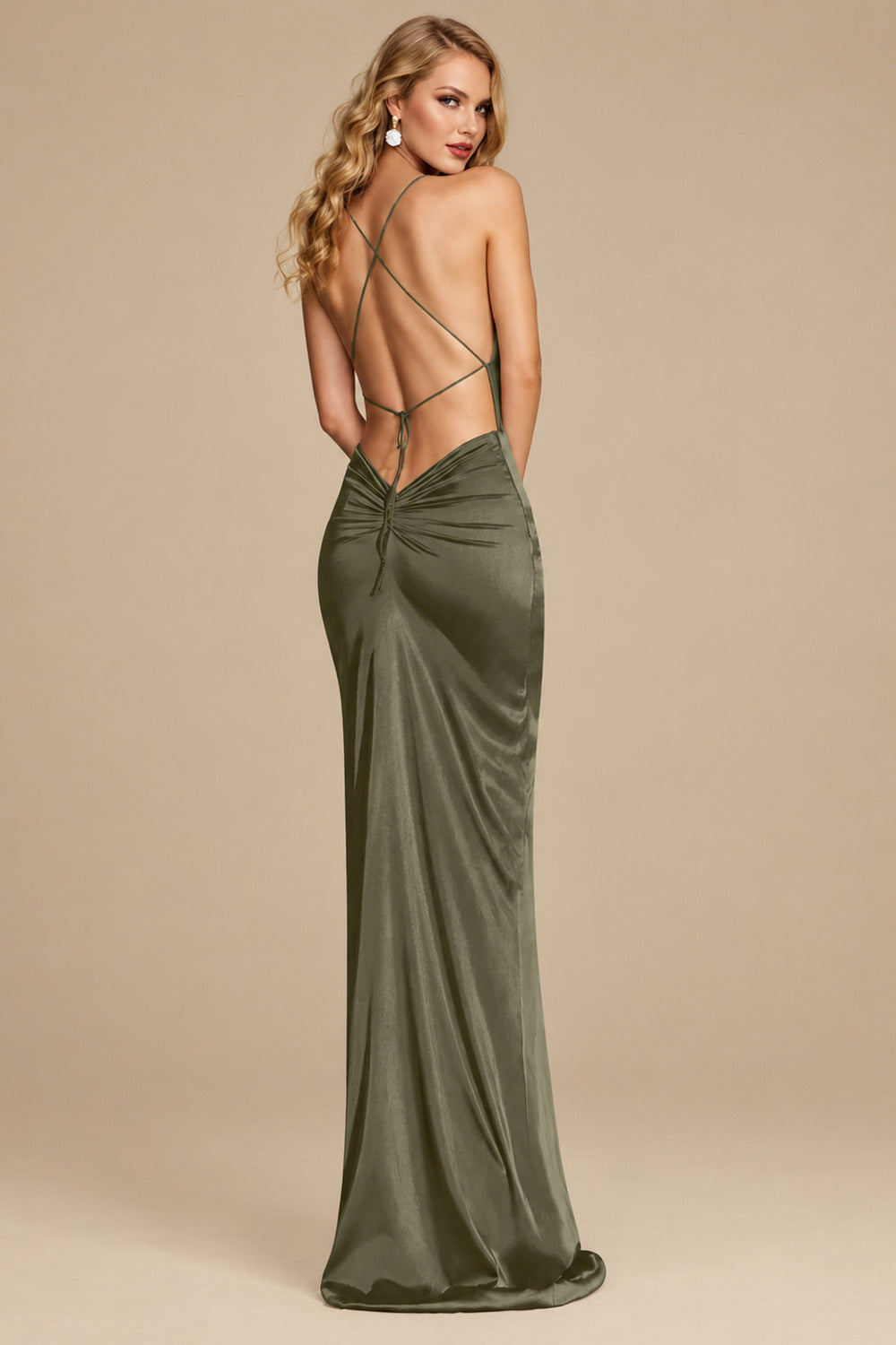 Rutipo Olive Green Sheath/Column Cowl Neck Sleeveless Silk Like Satin Prom Dresses With High Split