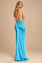 Rutipo Pool Sheath/Column Cowl Neck Sleeveless Silk Like Satin Prom Dresses With High Split