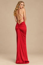 Rutipo Red Sheath/Column Cowl Neck Sleeveless Silk Like Satin Prom Dresses With High Split