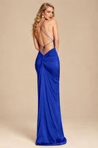 Rutipo Royal Blue Sheath/Column Cowl Neck Sleeveless Silk Like Satin Prom Dresses With High Split