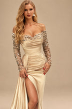 Rutipo Gold Sheath/Column Off-The-Shoulder Long Sleeves Satin Prom Dresses With High Split
