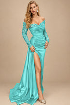 Rutipo Spa Sheath/Column Off-The-Shoulder Long Sleeves Satin Prom Dresses With High Split
