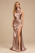 Rutipo As Picture Sheath/Column Halter Charmeuse Prom Dresses With High Split