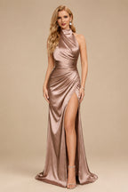 Rutipo As Picture Sheath/Column Halter Charmeuse Prom Dresses With High Split