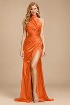 Rutipo Orange Sheath/Column Halter Charmeuse Prom Dresses With High Split