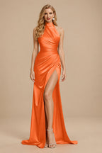 Rutipo Orange Sheath/Column Halter Charmeuse Prom Dresses With High Split