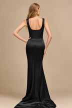 Rutipo Black Flattering Square Neckline Ruched Wasit Prom Dresses With High Slit