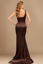 Rutipo Chocolate Flattering Square Neckline Ruched Wasit Prom Dresses With High Slit