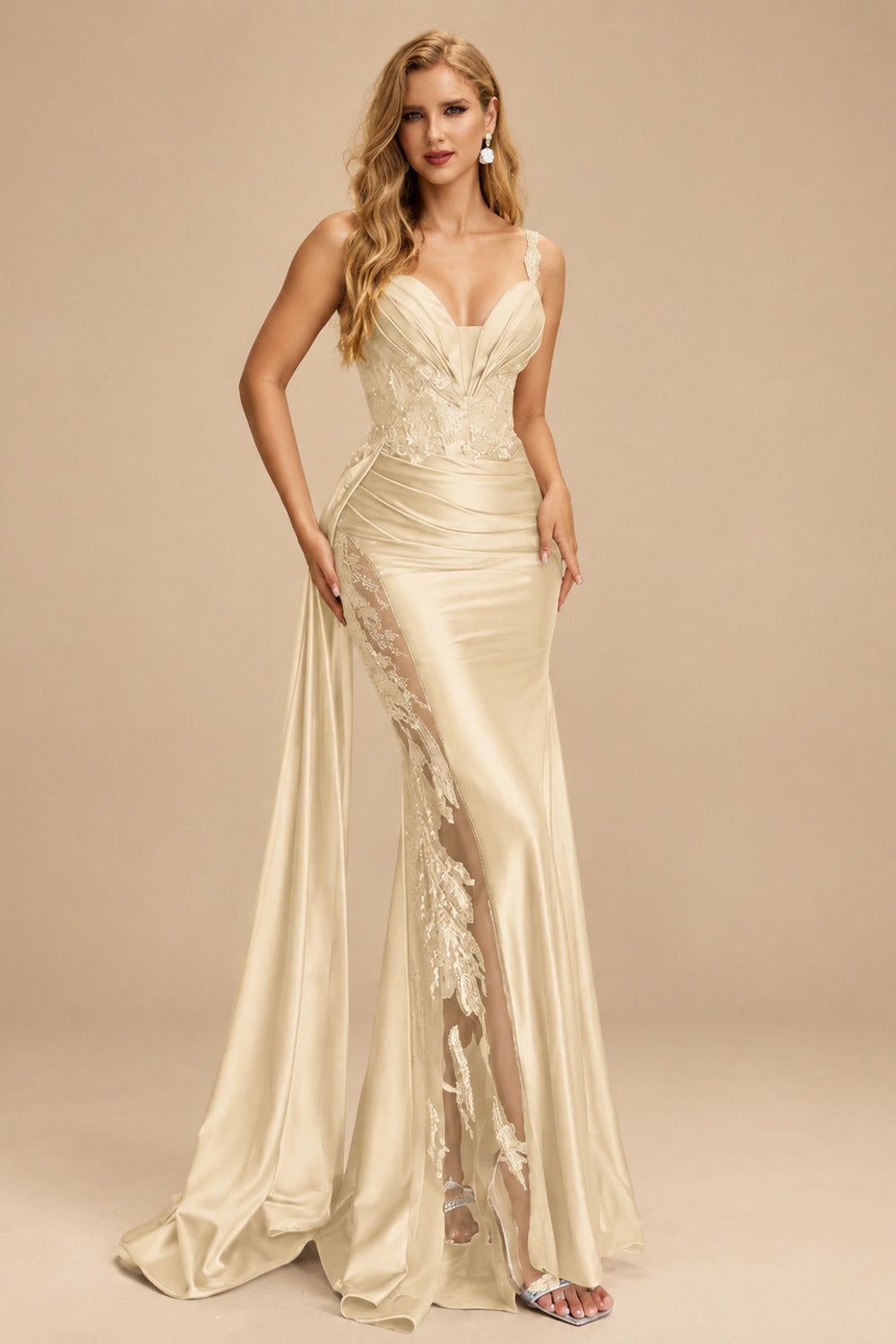Rutipo Champagne Sexy Sweetheart Trumpet/Mermaid Sparkly Lace Prom Dresses