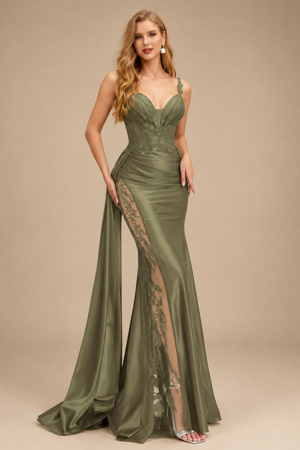 Rutipo Olive Green Sexy Sweetheart Trumpet/Mermaid Sparkly Lace Prom Dresses
