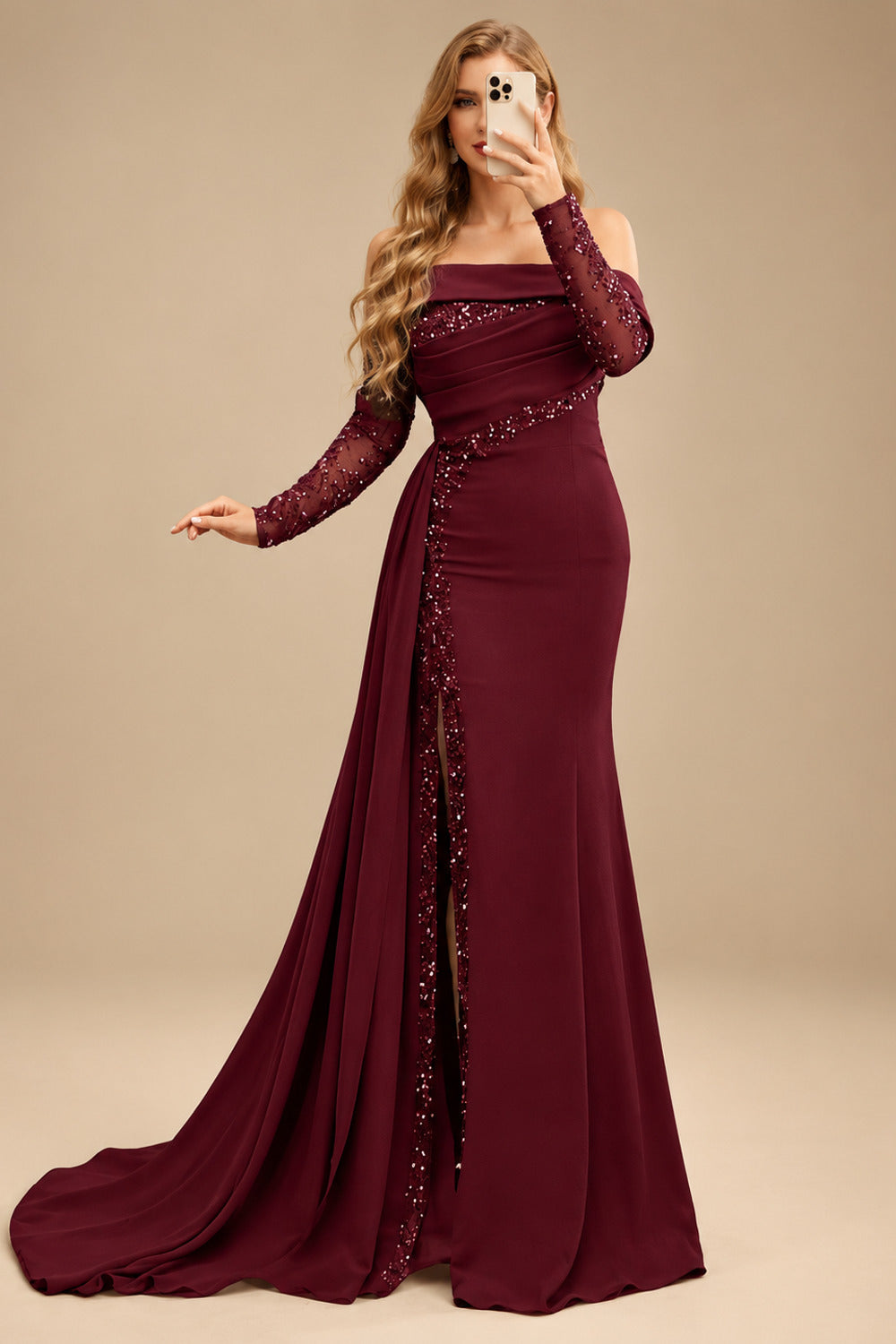 Rutipo Burgundy Long Sleeves Sweep Train Elastic Satin Prom Dresses With Appliques Lace