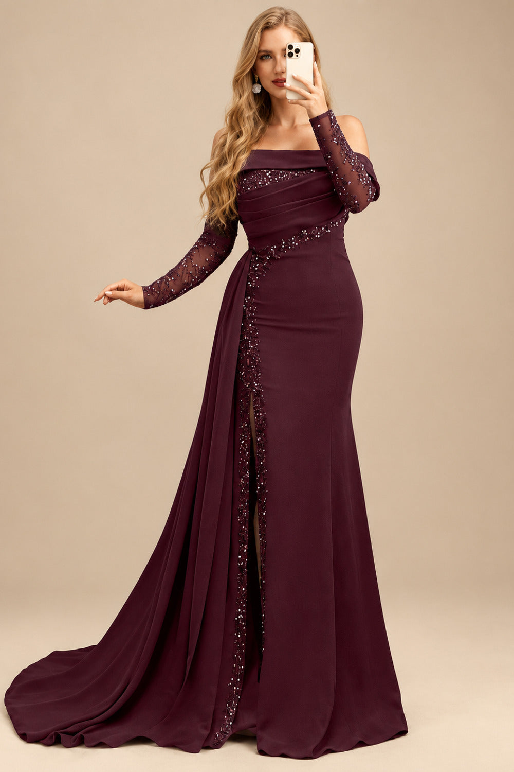 Rutipo Cabernet Long Sleeves Sweep Train Elastic Satin Prom Dresses With Appliques Lace
