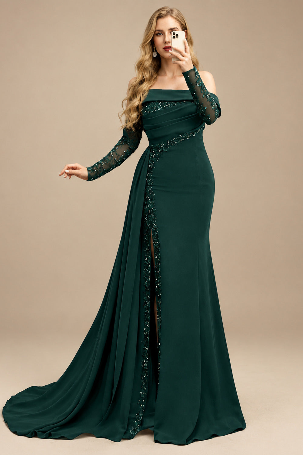 Rutipo Dark Green Long Sleeves Sweep Train Elastic Satin Prom Dresses With Appliques Lace