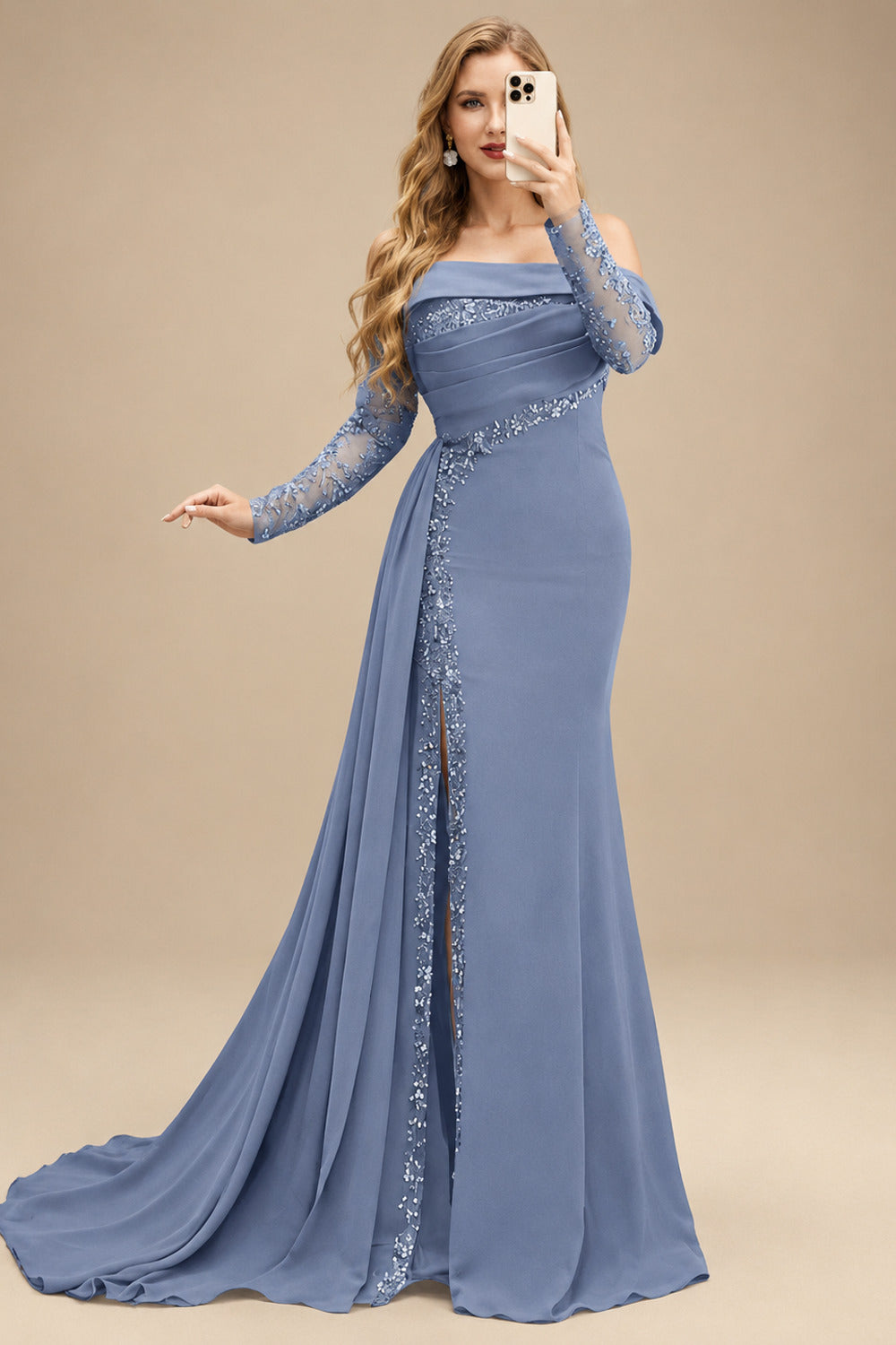 Rutipo Dusty Blue Long Sleeves Sweep Train Elastic Satin Prom Dresses With Appliques Lace