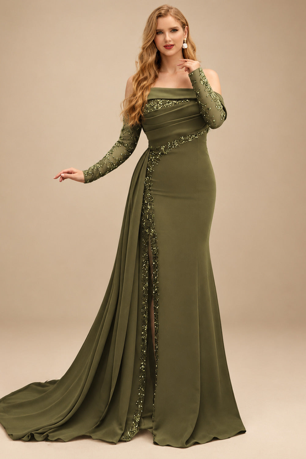 Rutipo Olive Green Long Sleeves Sweep Train Elastic Satin Prom Dresses With Appliques Lace