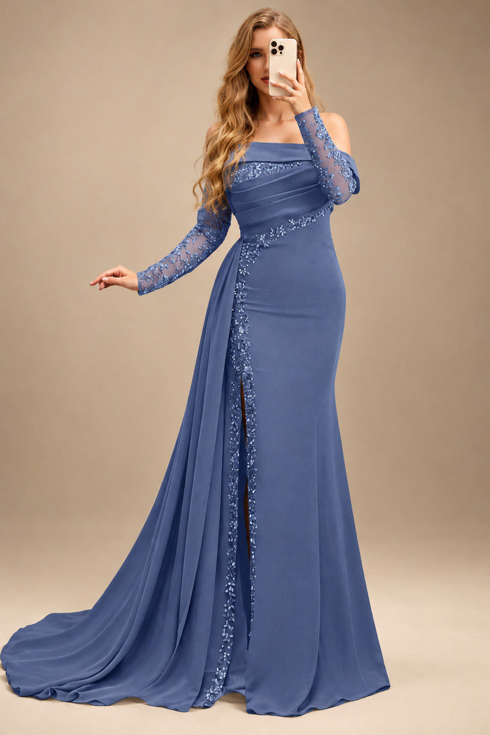 Rutipo Slate Blue Long Sleeves Sweep Train Elastic Satin Prom Dresses With Appliques Lace
