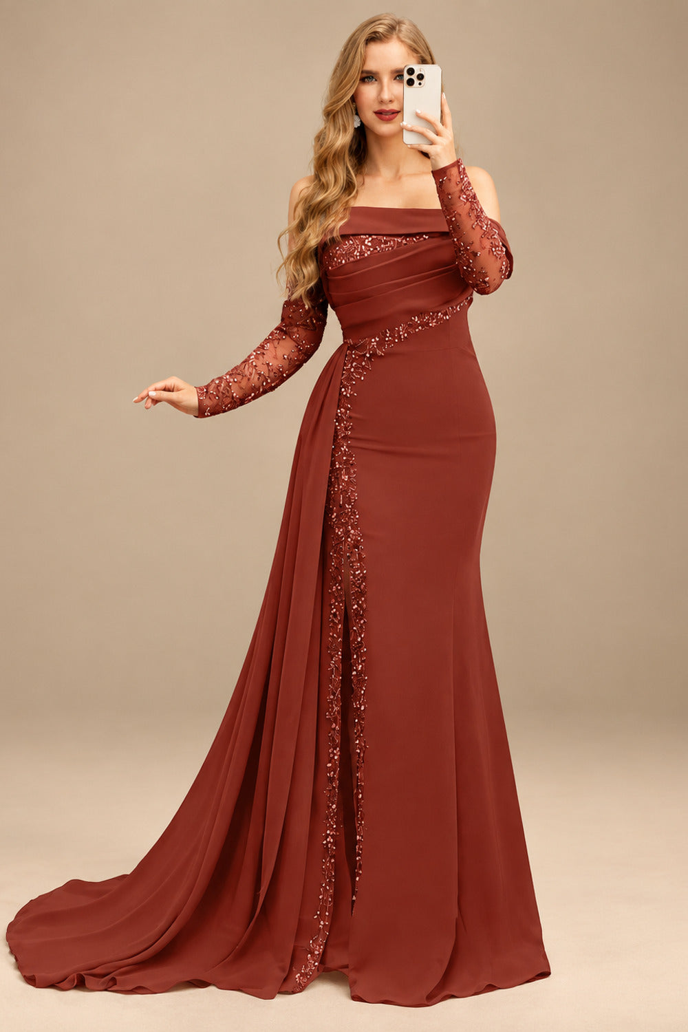 Rutipo Vermilion Long Sleeves Sweep Train Elastic Satin Prom Dresses With Appliques Lace
