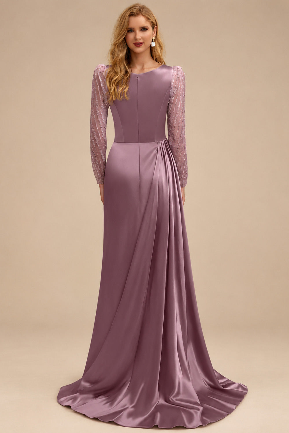 Rutipo As Picture Sheath Scoop Neck Long Sleeves Sweep Train Silk Like Satin Prom Dresses With High Split