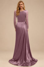Rutipo As Picture Sheath Scoop Neck Long Sleeves Sweep Train Silk Like Satin Prom Dresses With High Split