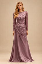 Rutipo As Picture Sheath Scoop Neck Long Sleeves Sweep Train Silk Like Satin Prom Dresses With High Split
