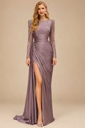 Rutipo As Picture Sheath Scoop Neck Long Sleeves Sweep Train Silk Like Satin Prom Dresses With High Split