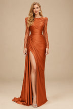Rutipo Burnt Orange Sheath Scoop Neck Long Sleeves Sweep Train Silk Like Satin Prom Dresses With High Split