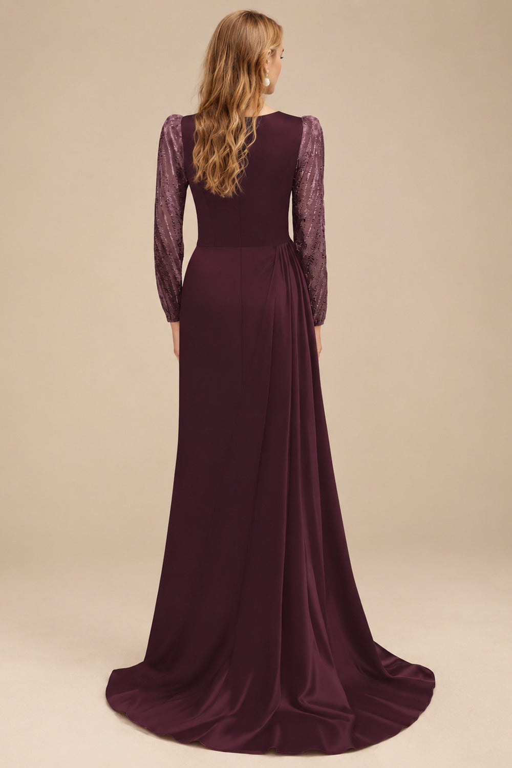 Rutipo Cabernet Sheath Scoop Neck Long Sleeves Sweep Train Silk Like Satin Prom Dresses With High Split
