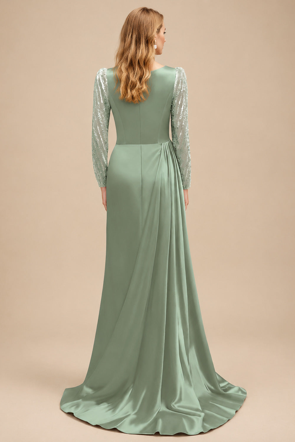 Rutipo Celadon Sheath Scoop Neck Long Sleeves Sweep Train Silk Like Satin Prom Dresses With High Split