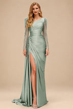 Rutipo Celadon Sheath Scoop Neck Long Sleeves Sweep Train Silk Like Satin Prom Dresses With High Split