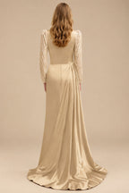 Rutipo Champagne Sheath Scoop Neck Long Sleeves Sweep Train Silk Like Satin Prom Dresses With High Split