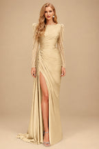 Rutipo Champagne Sheath Scoop Neck Long Sleeves Sweep Train Silk Like Satin Prom Dresses With High Split