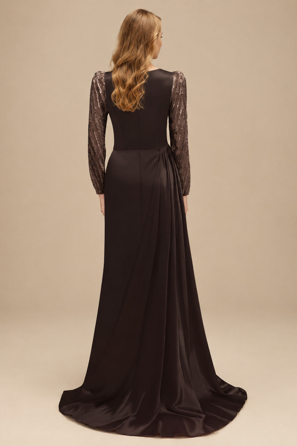 Rutipo Chocolate Sheath Scoop Neck Long Sleeves Sweep Train Silk Like Satin Prom Dresses With High Split