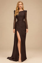 Rutipo Chocolate Sheath Scoop Neck Long Sleeves Sweep Train Silk Like Satin Prom Dresses With High Split