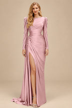 Rutipo Dusty Rose Sheath Scoop Neck Long Sleeves Sweep Train Silk Like Satin Prom Dresses With High Split