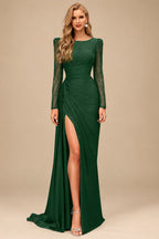 Rutipo Hunter Green Sheath Scoop Neck Long Sleeves Sweep Train Silk Like Satin Prom Dresses With High Split