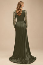Rutipo Olive Green Sheath Scoop Neck Long Sleeves Sweep Train Silk Like Satin Prom Dresses With High Split