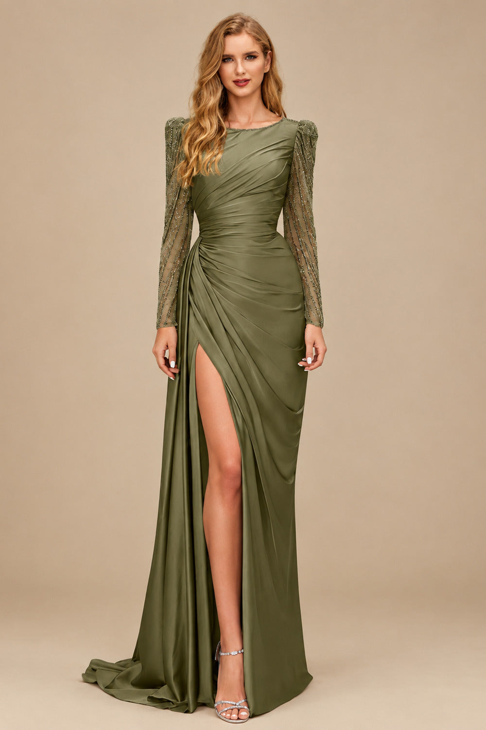 Rutipo Olive Green Sheath Scoop Neck Long Sleeves Sweep Train Silk Like Satin Prom Dresses With High Split