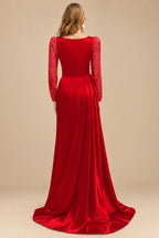 Rutipo Red Sheath Scoop Neck Long Sleeves Sweep Train Silk Like Satin Prom Dresses With High Split
