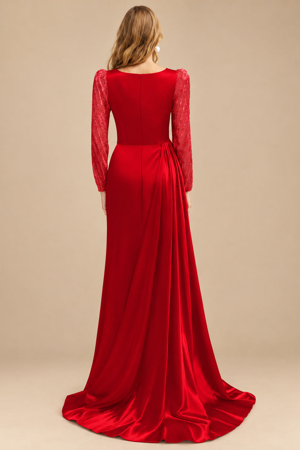 Rutipo Red Sheath Scoop Neck Long Sleeves Sweep Train Silk Like Satin Prom Dresses With High Split