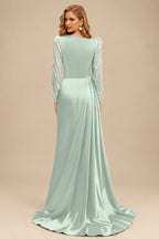 Rutipo Sage Green Sheath Scoop Neck Long Sleeves Sweep Train Silk Like Satin Prom Dresses With High Split
