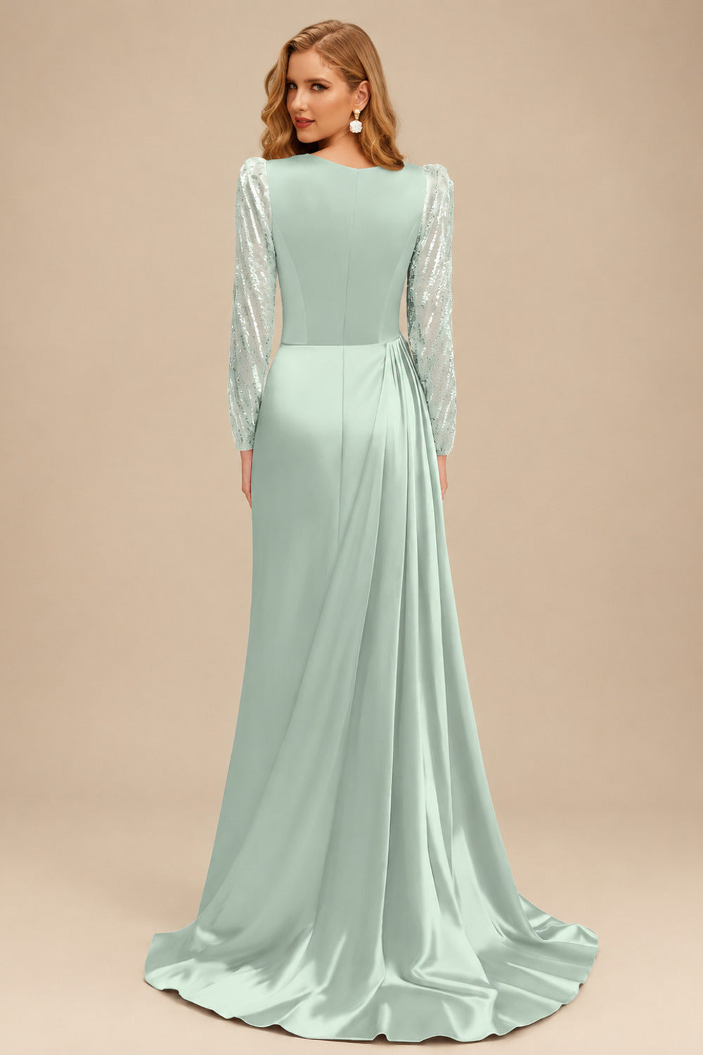 Rutipo Sage Green Sheath Scoop Neck Long Sleeves Sweep Train Silk Like Satin Prom Dresses With High Split