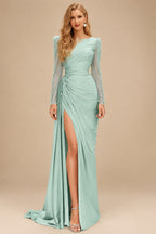 Rutipo Sage Green Sheath Scoop Neck Long Sleeves Sweep Train Silk Like Satin Prom Dresses With High Split