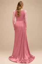 Rutipo Watermelon Sheath Scoop Neck Long Sleeves Sweep Train Silk Like Satin Prom Dresses With High Split