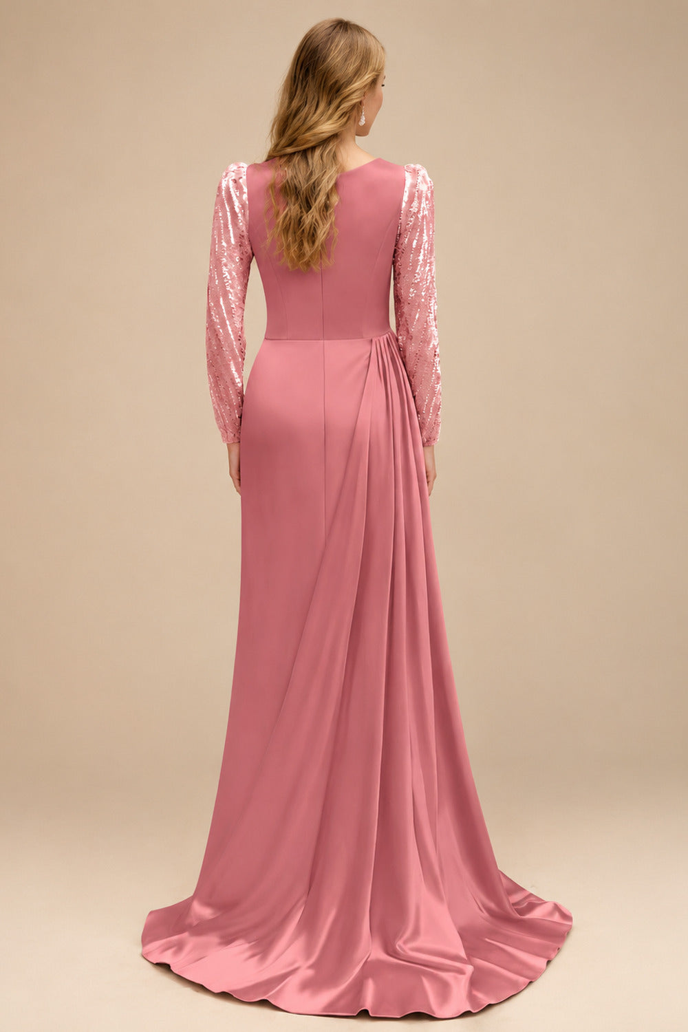 Rutipo Watermelon Sheath Scoop Neck Long Sleeves Sweep Train Silk Like Satin Prom Dresses With High Split
