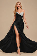 Rutipo Black Flattering Ruched High Split Sequin Silk Like Satin Prom Dresses With Sweeping Side Drape